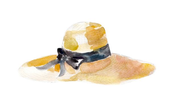 Watercolor illustration, hand drawn straw hat with ribbon isolated object on white background. - Φωτογραφία, εικόνα