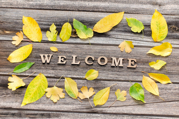 Frase Benvenuti su uno sfondo di legno, cornice di foglie gialle
 - Foto, immagini