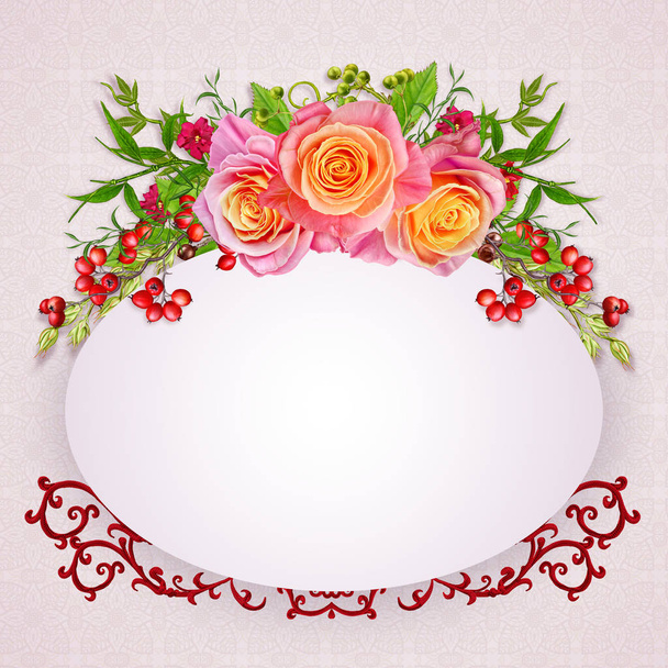 Floral background. Greeting vintage postcard, pastel tone, old style. Flower arrangement of pink roses. - Foto, Imagem