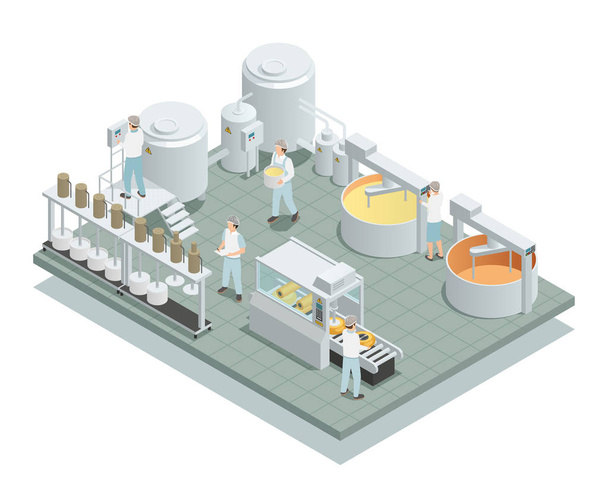 Τυρί εργοστάσιο παραγωγής ισομετρική σύνθεση  - Διάνυσμα, εικόνα