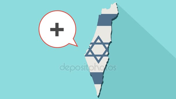 Animation του χάρτη Ισραήλ πολύ σκιά με τη σημαία του και ένα κωμικό μπαλόνι με ένα σύμβολο άθροισμα - Πλάνα, βίντεο