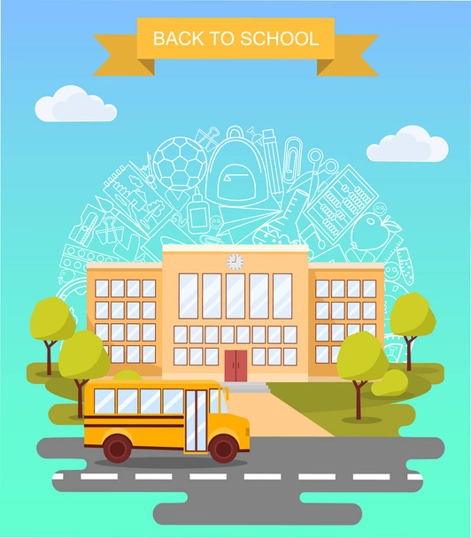 戻る学校概念ベクトルのポスター。背景に建物と学校のバス。市内の小学校と高校。フラットの漫画のスタイルで教育バナー - ベクター画像