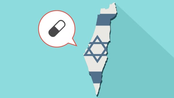 Animatie van een lange schaduw Israël kaart met hun eigen vlag en een komische ballon met een pil - Video