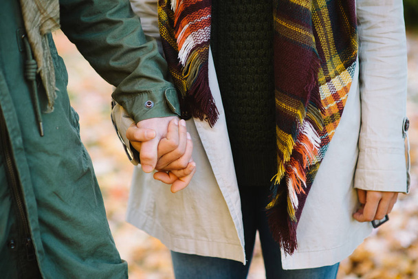 Young couple of lovers walking and holding hands in autumn  - Foto, afbeelding