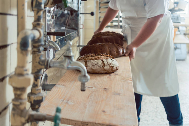 ベーカリー オーブンからパンを得るパン女性 loafs します。 - 写真・画像