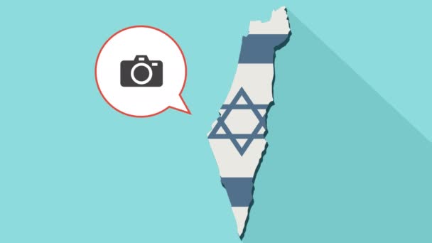 Animation του χάρτη Ισραήλ πολύ σκιά με τη σημαία του και ένα κωμικό μπαλόνι με μια φωτογραφική μηχανή φωτογραφιών - Πλάνα, βίντεο
