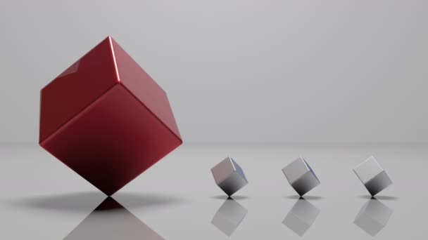 4 k, 3d roterende rode metalen kubus en drie kleine metalen kubus, naadloze loops. - Video