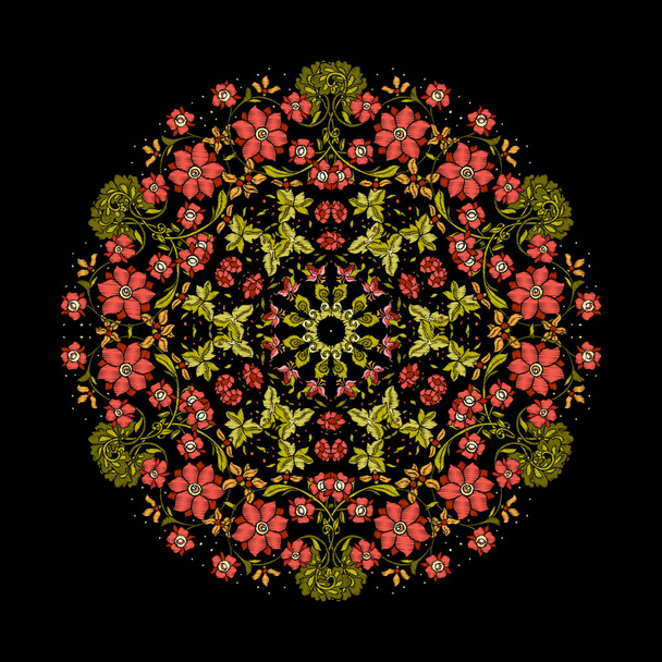 Embroidery. Embroidered design mandala elements with flowers and - Vector, Image