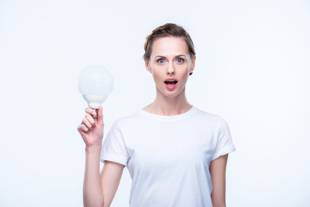 shocked woman with light bulb - Foto, Imagem