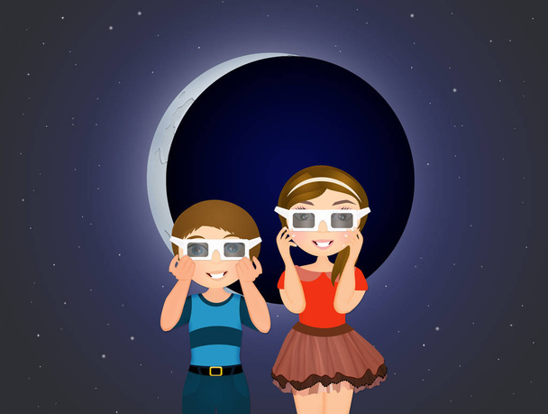 children look at eclipse with 3d sunglasses - 写真・画像