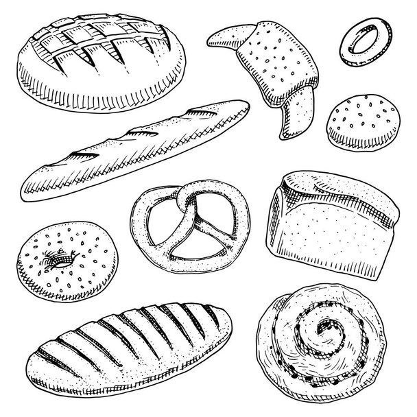 bread and pastry donut, long loaf, baguette and cupcake and sweet bun or pretzel. engraved hand drawn in old sketch and vintage style for poster, label and menu bakery shop. organic food of flour. - Vektori, kuva