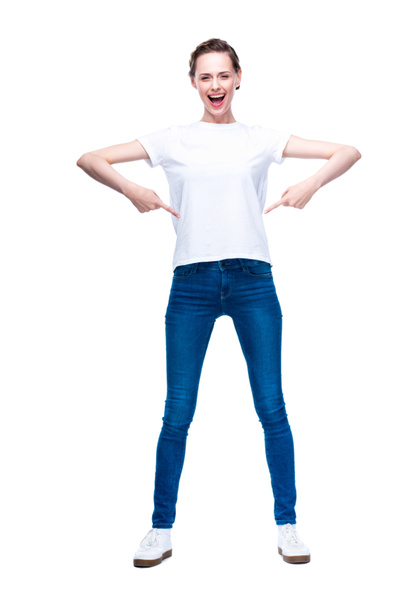 woman pointing at white t-shirt - Photo, image