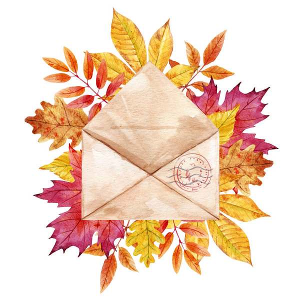Watercolor envelop with leaves - Foto, Imagen