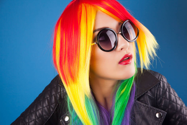 woman wearing color wig  - Фото, изображение