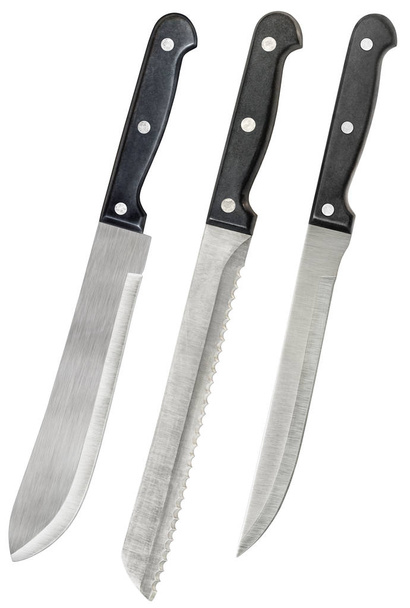 Cuchillo de carnicero de acero inoxidable antiguo con carne tallada y cuchillos de pan aislados sobre fondo blanco
 - Foto, imagen