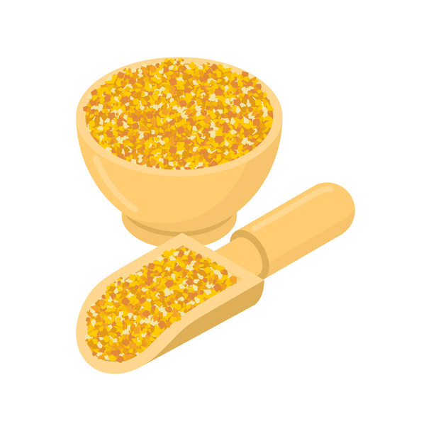 Corn grits in wooden bowl and spoon. Groats in wood dish and sho - Vector, Imagen