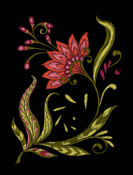 Embroidery. Embroidered design elements with flowers and leaves - Vektor, kép
