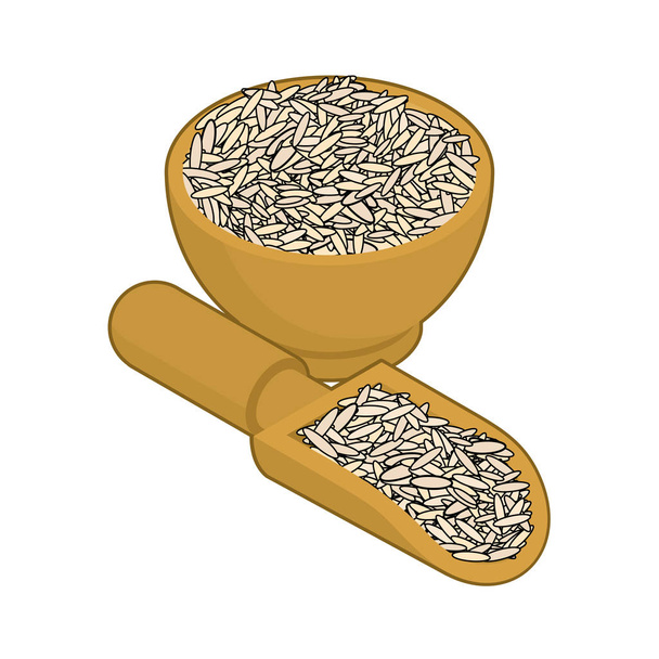 Brown rice in wooden bowl and spoon. Groats in wood dish and sho - Vector, Image
