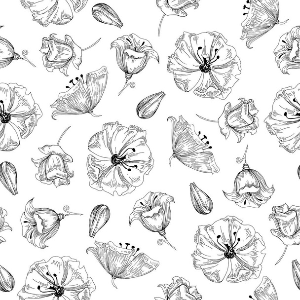 Vector illustration of beautiful flowers seamless pattern. Sketch. - Vektör, Görsel
