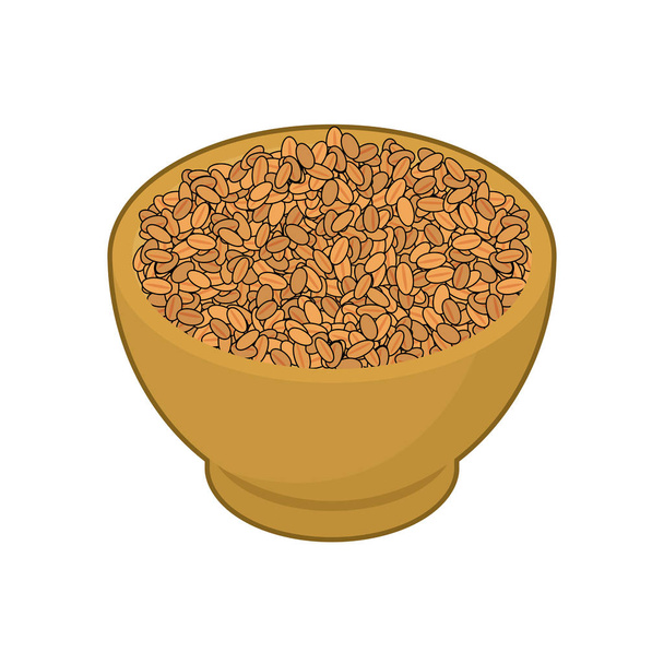 Wheat in wooden bowl isolated. Groats in wood dish. Grain on whi - Vector, Image