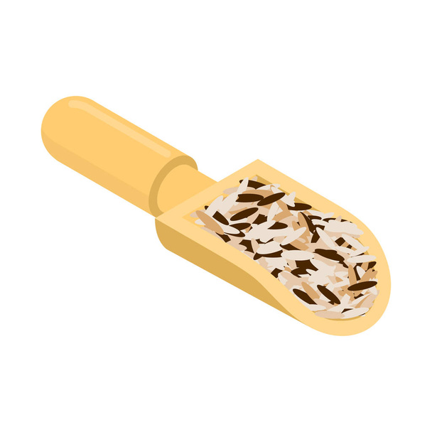 Άγριο ρύζι με ξύλινη κουτάλα απομονωμένη. Άλφιτα (Κόκκοι) σε ξύλινο φτυάρι. Σιτάρι - Διάνυσμα, εικόνα