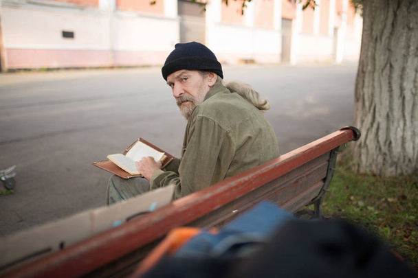 Rear view of old man sitting on bench holding book. - Fotó, kép