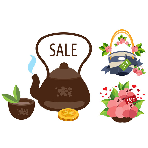Sale. Teapot, cup of tea - Vector, afbeelding