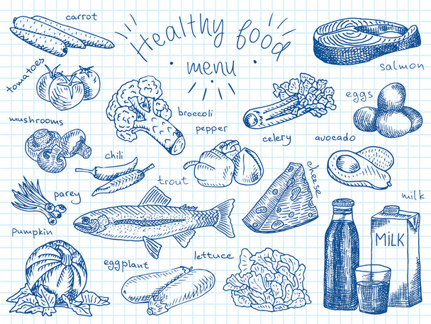 Deniz ürünleri yemek listesi, ahtapot, midye, ıstakoz, alabalık, kabuklar, uskumru, Yengeç, istiridye, karides, karides, kalamar, somon balığı, kalamar Kral - Vektör, Görsel