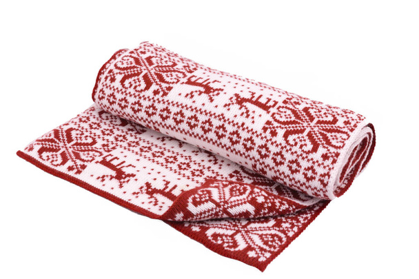 red scarf with a reindeer at Christmas on a white background, is - Photo, Image