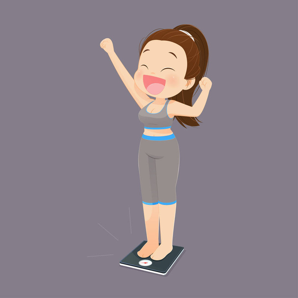 Cartoon woman is happy for loss weight. - Vector, Image