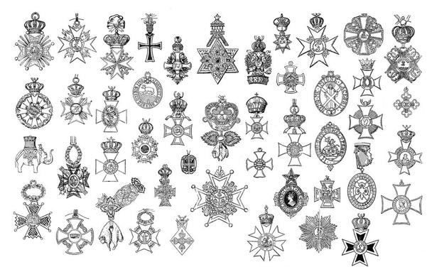 Abbildung von historischen Kreuzen und Medaillen. - Foto, Bild