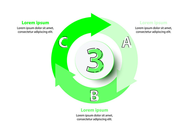 Три темы Зеленая стрелка график с 3D бумажного круга в центре для веб-сайта презентации обложки вектора постера дизайн инфографической иллюстрации концепции
 - Вектор,изображение