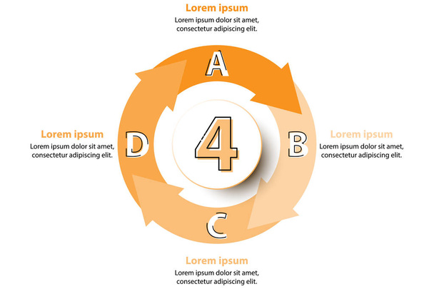 Four topics orange arrow chart with 3d paper circle in center for website presentation cover poster vector design infographic illustration concept - Vector, Image