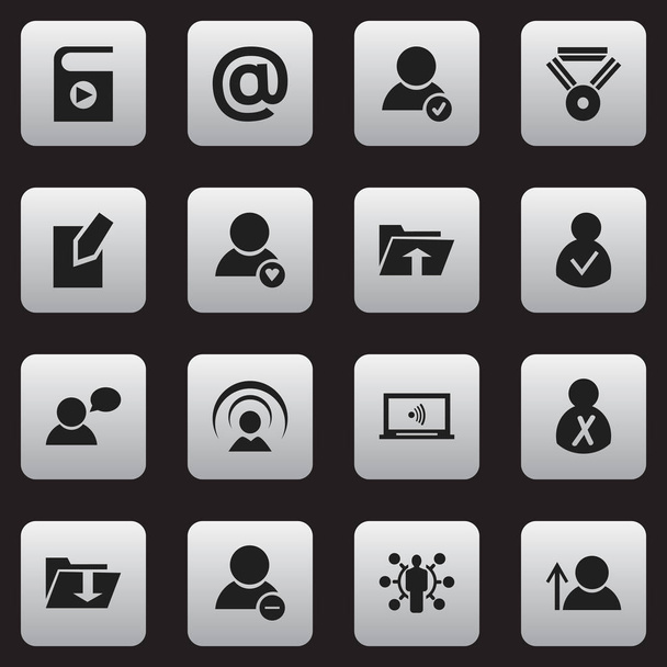 Zestaw 16 ikon można edytować sieci. Zawiera symbole, takie jak połączenia, dokumentacja, listy utworów i inne. Mogą być używane dla sieci Web, mobilnych, interfejsu użytkownika i Infographic Design. - Wektor, obraz