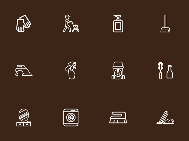 Conjunto de 12 iconos de contorno de limpieza editables. Incluye símbolos como higiene, jabón líquido, vidrio de muelle y más. Puede ser utilizado para el diseño de la tela, móvil, interfaz de usuario e infografía
. - Vector, Imagen