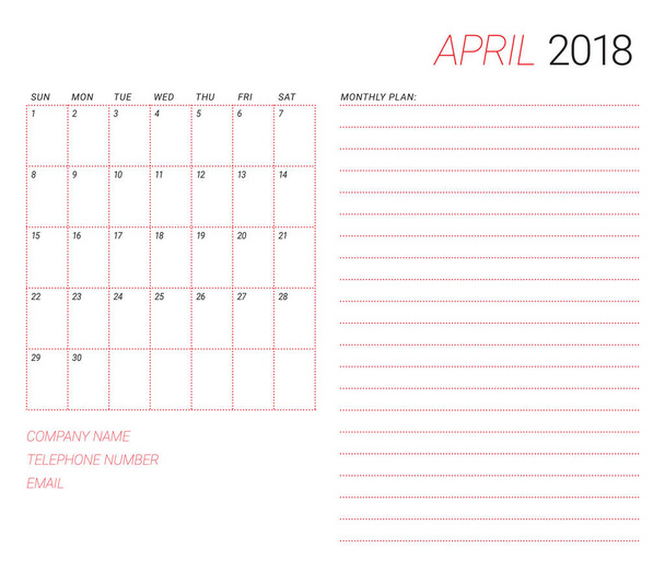 Векторная иллюстрация календаря апреля 2018
 - Вектор,изображение