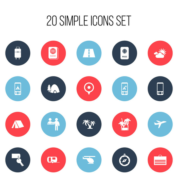 Conjunto de 20 iconos de viaje editables. Incluye símbolos como brújula, árbol, registro y más. Puede ser utilizado para el diseño de la tela, móvil, interfaz de usuario e infografía
. - Vector, imagen