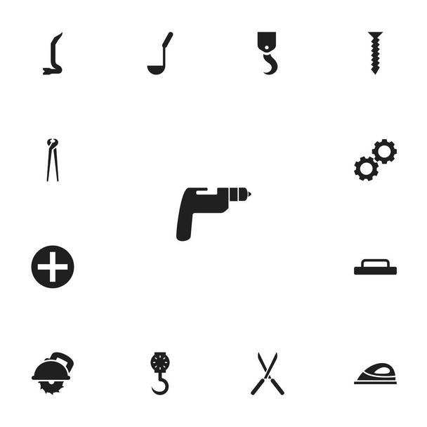 Satz von 13 editierbaren Instrumentensymbolen. enthält Symbole wie Kelle, Kran, Dübel und mehr. kann für Web-, Mobil-, UI- und Infografik-Design verwendet werden. - Vektor, Bild
