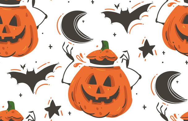 Hand drawn vector abstract cartoon Happy Halloween illustrations seamless pattern with bats,pumpkins,moon and stars isolated on white background - Vektör, Görsel