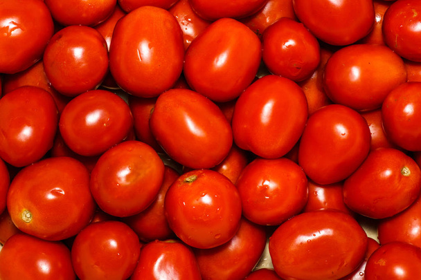 Grupo de tomates frescos. Tomates de fondo. Un montón de tomates frescos. Fondo de verano con muchos maduros de tomate rojo, bolas de tomate jugosas rojas yacen en la caja. Un montón de tomate rojo fresco juntos
. - Foto, Imagen