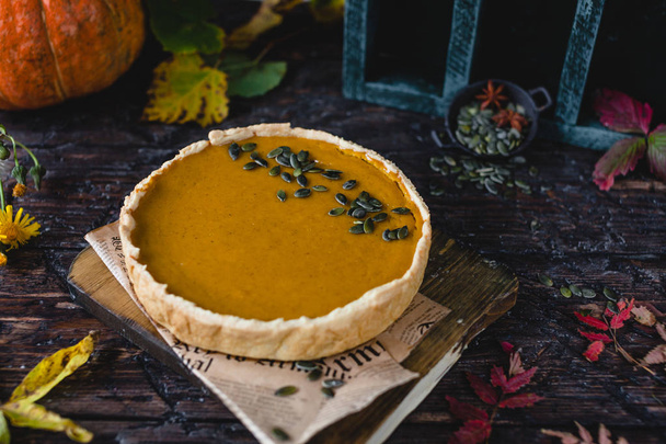 Pumpkin pie decorated with seeds - Photo, image