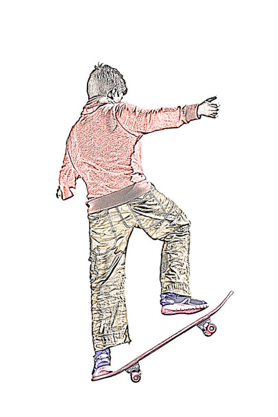 Colored sketch of a Young teenager boy practicing skateboard  - Foto, afbeelding