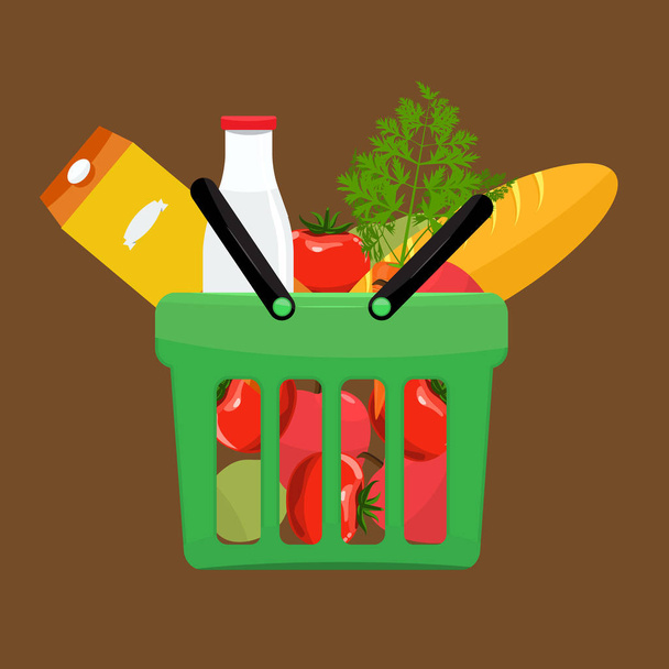 Green plastic shopping basket full of groceries products. Grocery store. - Vector, Image