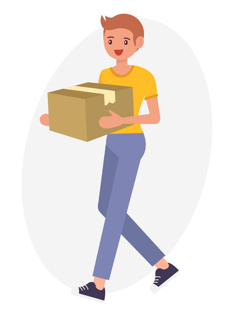 Αρσενικό άνδρα καρτούν χαρακτήρα σχεδιασμός μεταφέρουν χάρτινο κουτί - Διάνυσμα, εικόνα