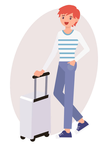 Cartoon character design male man stand beside luggage cheerfull - Vector, afbeelding