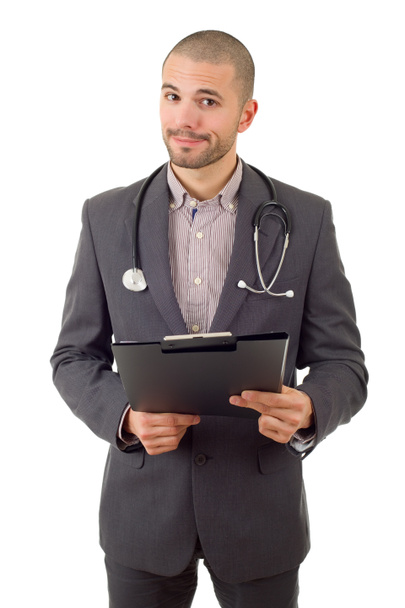 glücklicher männlicher Arzt, isoliert auf weißem Hintergrund - Foto, Bild
