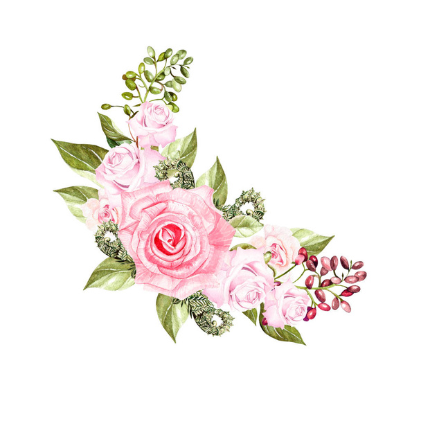 Watercolor wreath with roses and berries. Illustration - Foto, imagen