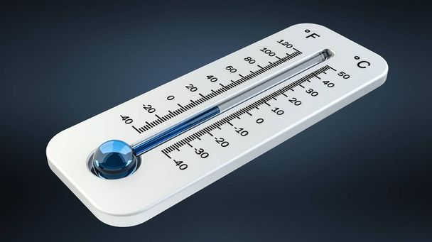 3d rendern kaltes weißes Thermometer, das niedrige Temperatur anzeigt - Foto, Bild