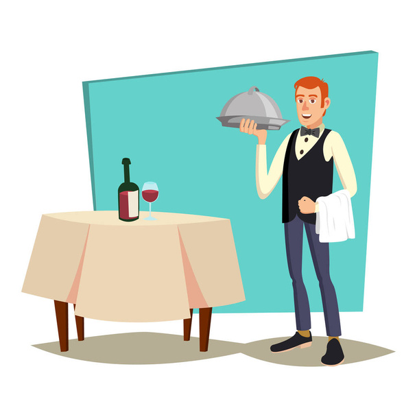 Waiter Serving Vector. Modern Waiter Reserved Table In Cafe, Restaurant. Flat Cartoon Illustration - Vector, Image