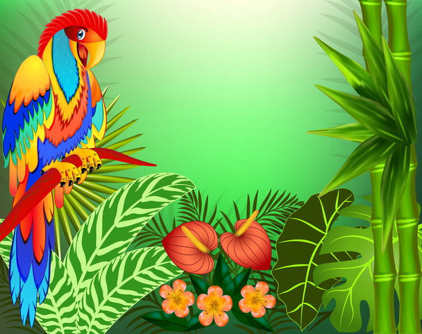 Иллюстрационный фон с тропическими листьями, попугаями и пла
 - Вектор,изображение